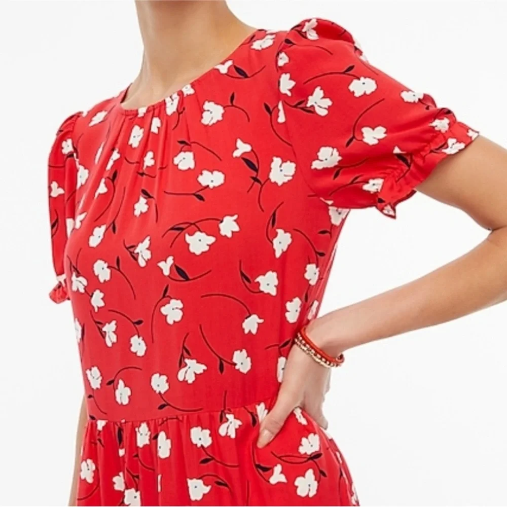 J. Crew Red Orange Floral Puff Sleeve Tiered Midi Dress sz.XS